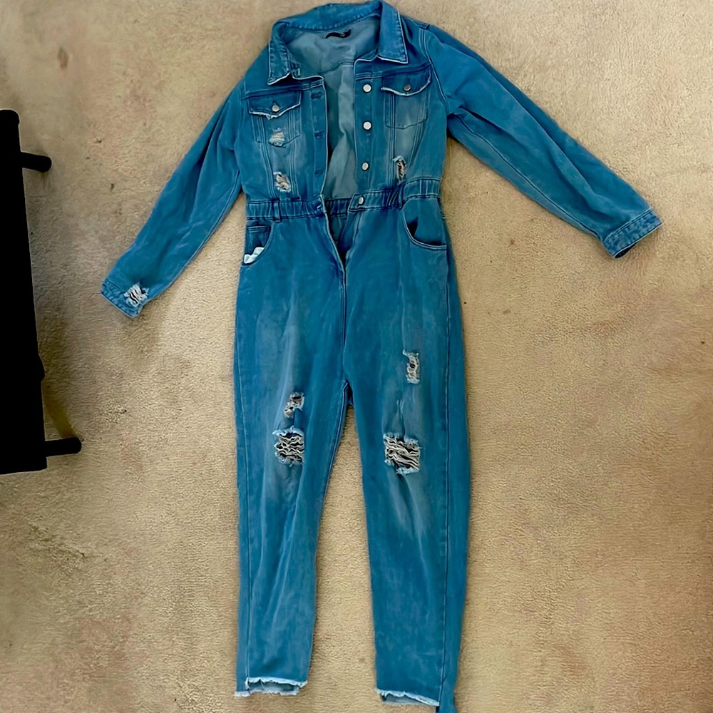 Distressed Tall Denim Jumpsuit
